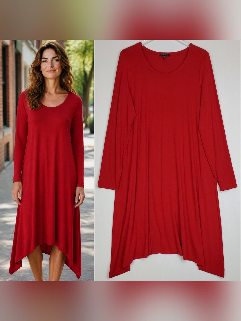 Eileen Fisher large midi dress red long sleeve scoop asymmetrical hem relaxed